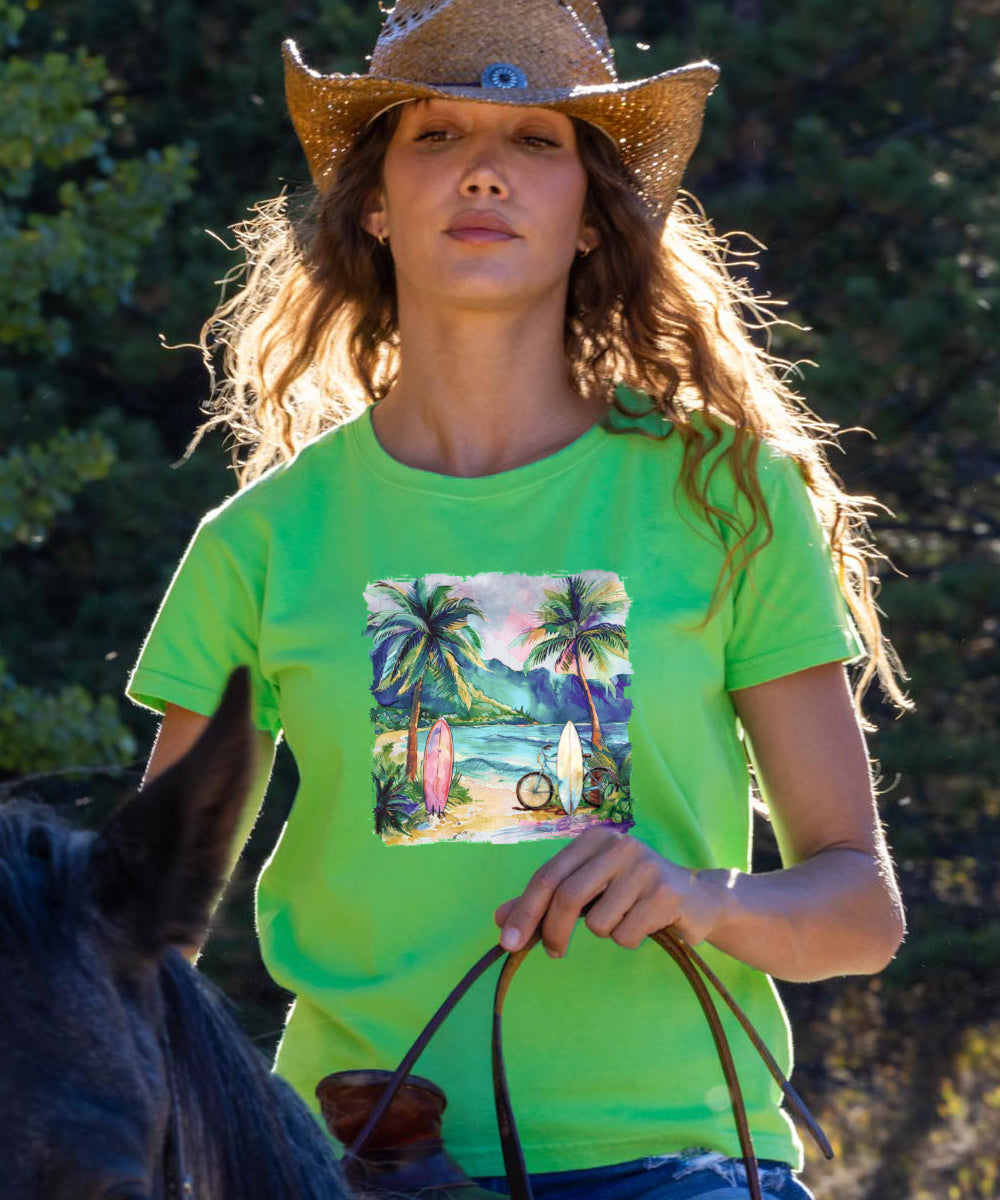 Tropical Watercolor Beach - Green Apple Dyed Short Sleeve Crewneck T-Shirt 2 Tropical Watercolor Beach - Green Apple Dyed Short Sleeve Crewneck T-Shirt