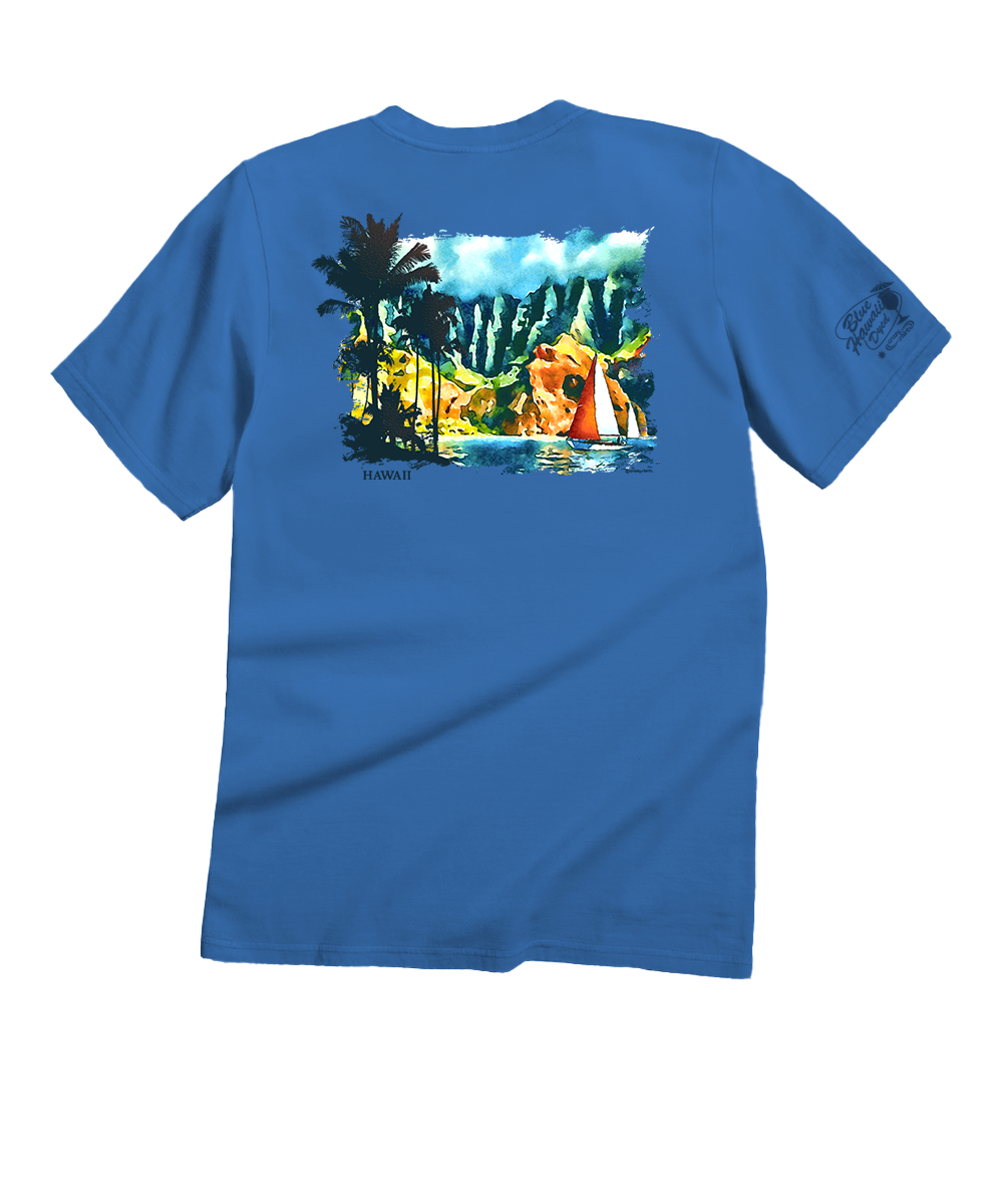 Tropical Watercolor Sail - Blue Hawaii Dyed Short Sleeve Crewneck T-Shirt 1 Tropical Watercolor Sail - Blue Hawaii Dyed Short Sleeve Crewneck T-Shirt