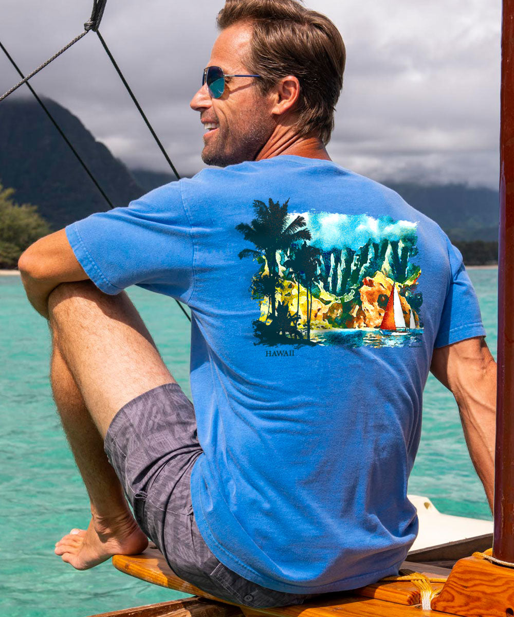 Tropical Watercolor Sail - Blue Hawaii Dyed Short Sleeve Crewneck T-Shirt 2 Tropical Watercolor Sail - Blue Hawaii Dyed Short Sleeve Crewneck T-Shirt