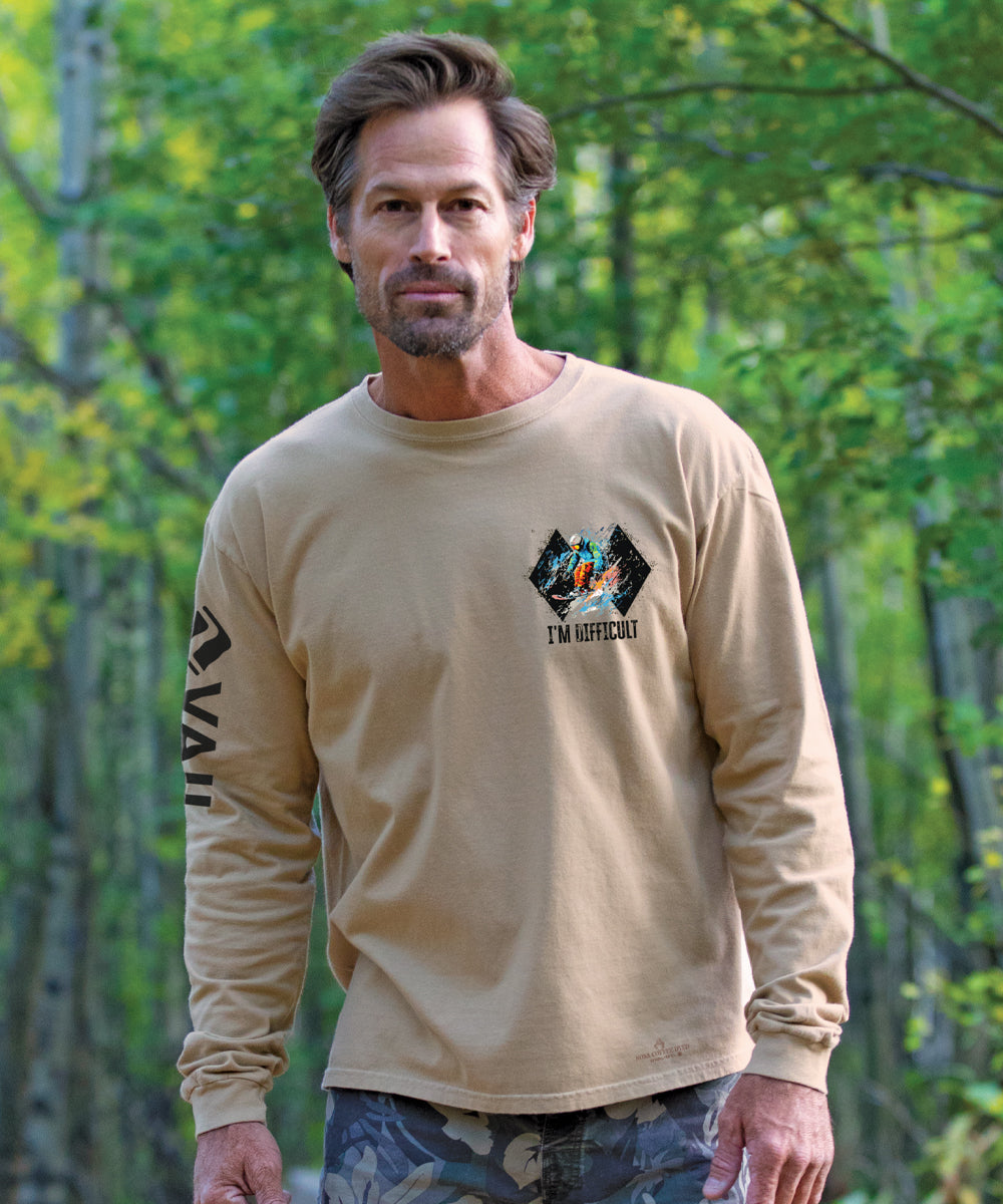 Vail Resort I'm Difficult - Kona Coffee Dyed Long Sleeve Crewneck T-Shirt 3 Vail Resort I'm Difficult - Kona Coffee Dyed Long Sleeve Crewneck T-Shirt