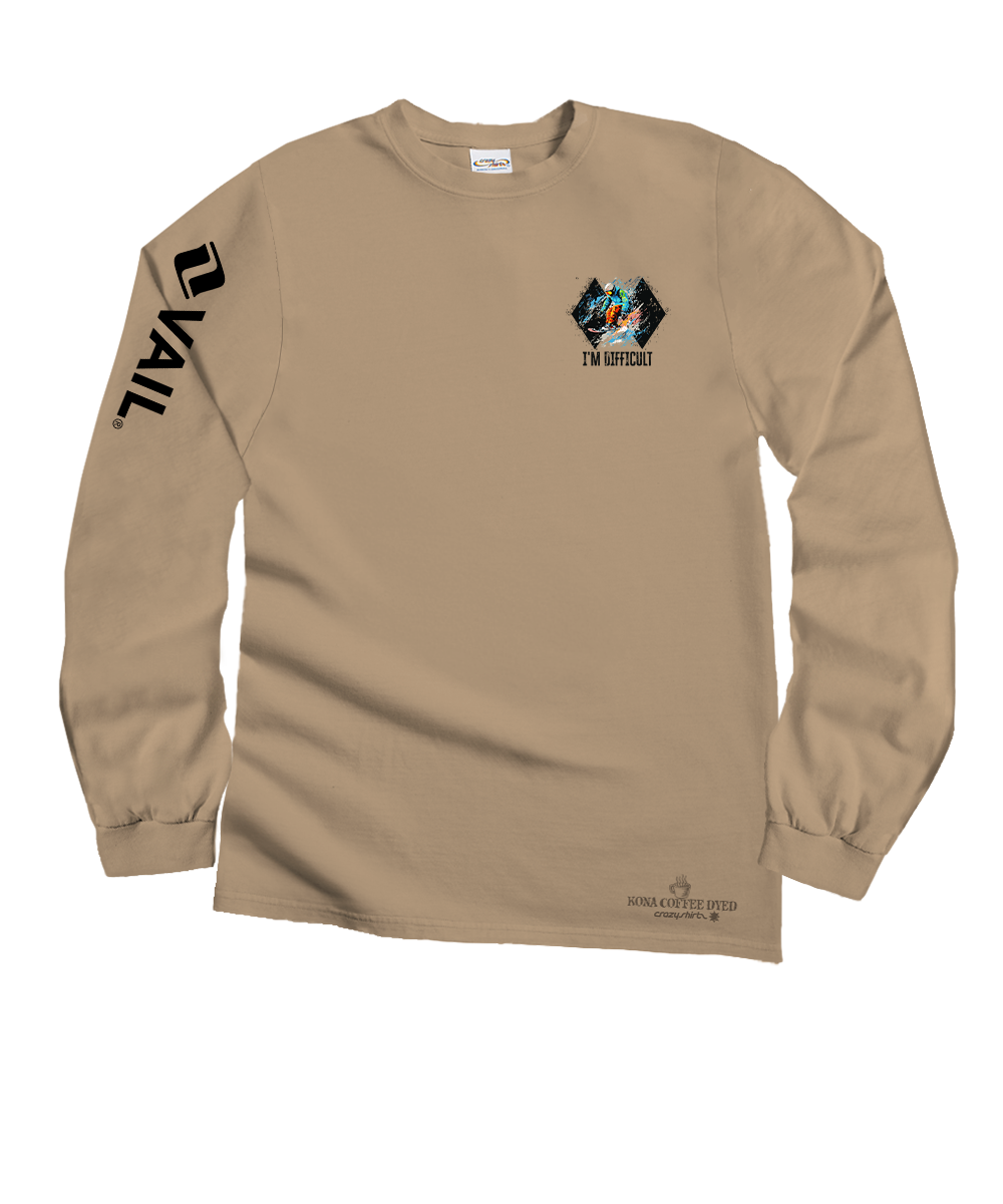 Vail Resort I'm Difficult - Kona Coffee Dyed Long Sleeve Crewneck T-Shirt 4 Vail Resort I'm Difficult - Kona Coffee Dyed Long Sleeve Crewneck T-Shirt