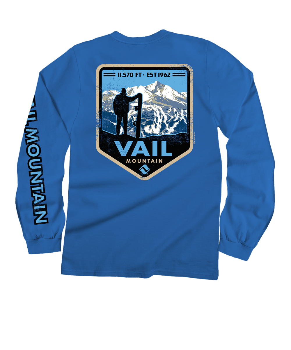 Vail Resort Vail Mountain Badge - Blue Hawaii Dyed Long Sleeve Crewneck T-Shirt 1 Vail Resort Vail Mountain Badge - Blue Hawaii Dyed Long Sleeve Crewneck T-Shirt