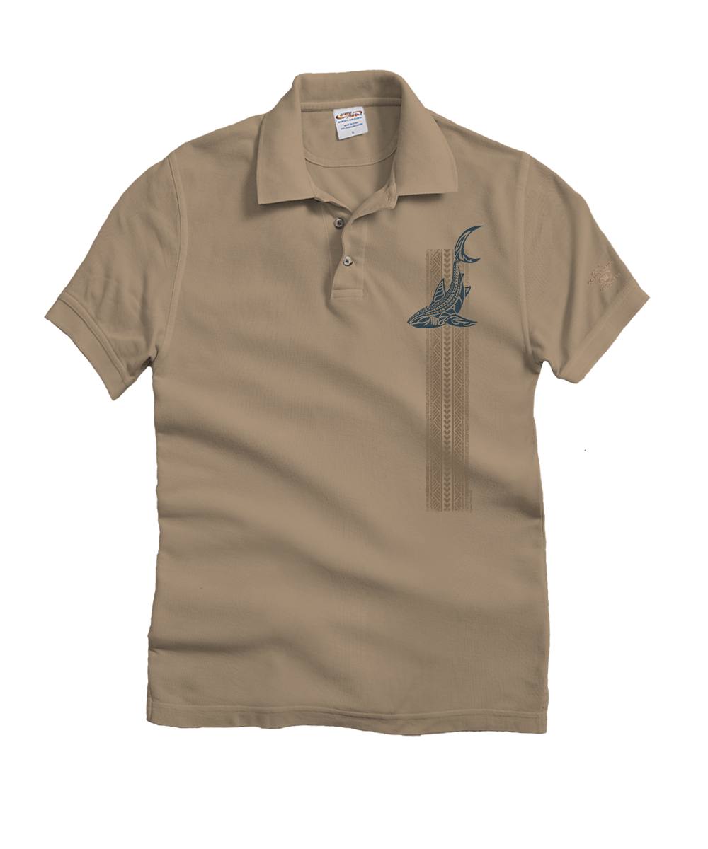 Vertical Tribal Shark - Kona Coffee Dyed Short Sleeve Oceanfront Polo Shirt