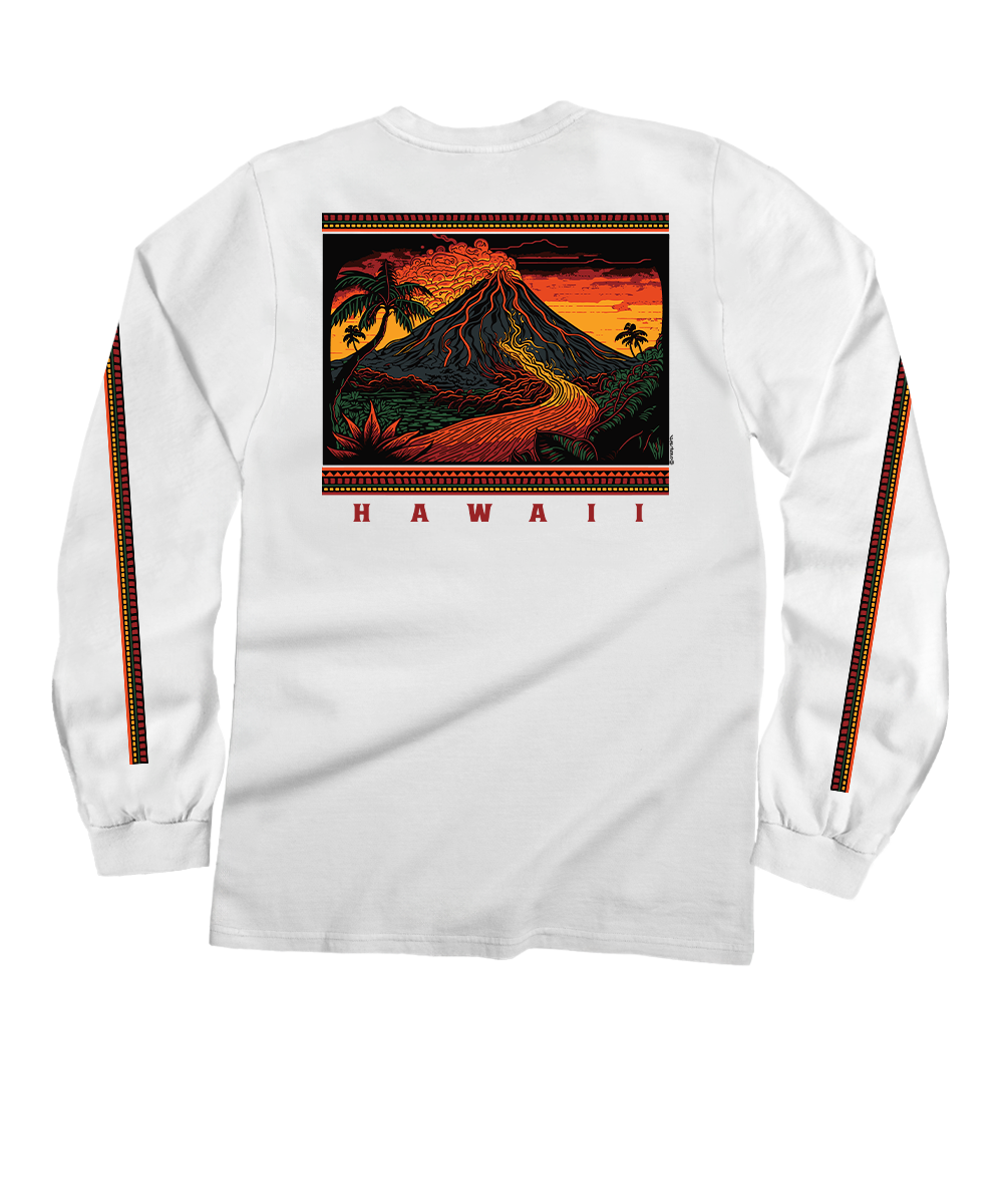 Volcano Scenic - White Long Sleeve Crewneck T-Shirt