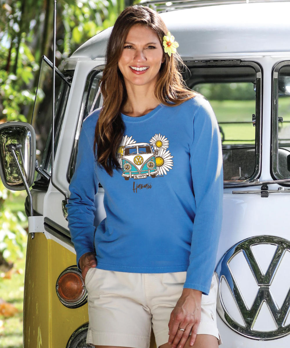 Volkswagen Be Happy - Blue Hawaii Dyed Long Sleeve Crewneck T-Shirt 2 Volkswagen Be Happy - Blue Hawaii Dyed Long Sleeve Crewneck T-Shirt