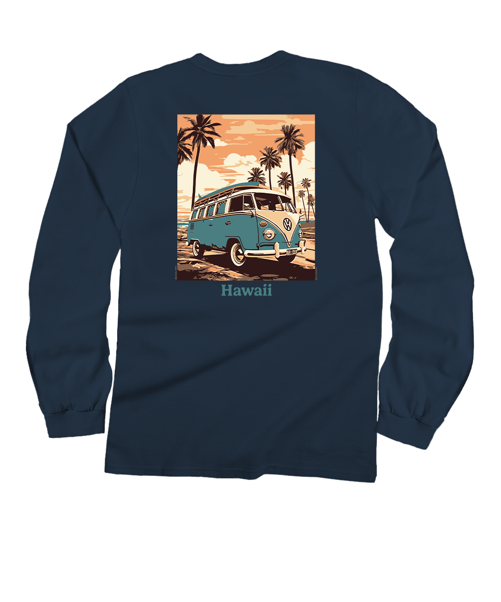Volkswagen Vintage Beach Bus - Navy Long Sleeve Crewneck T-Shirt 1 Volkswagen Vintage Beach Bus - Navy Long Sleeve Crewneck T-Shirt