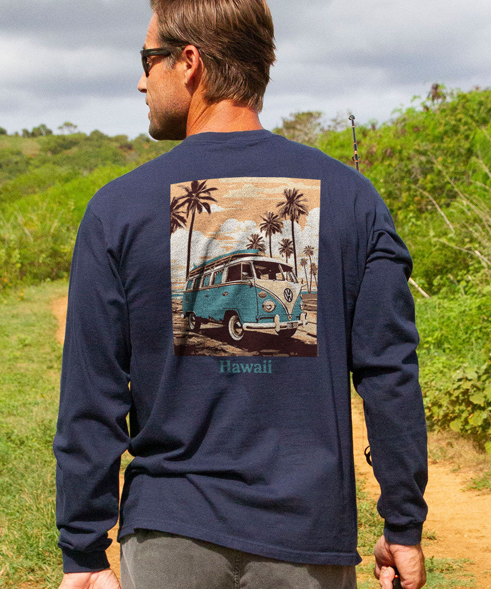 Volkswagen Vintage Beach Bus - Navy Long Sleeve Crewneck T-Shirt 2 Volkswagen Vintage Beach Bus - Navy Long Sleeve Crewneck T-Shirt