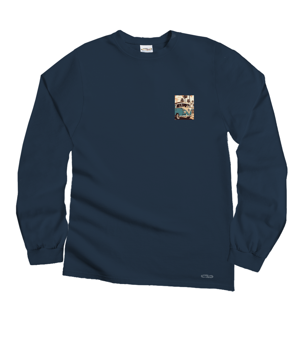 Volkswagen Vintage Beach Bus - Navy Long Sleeve Crewneck T-Shirt 4 Volkswagen Vintage Beach Bus - Navy Long Sleeve Crewneck T-Shirt
