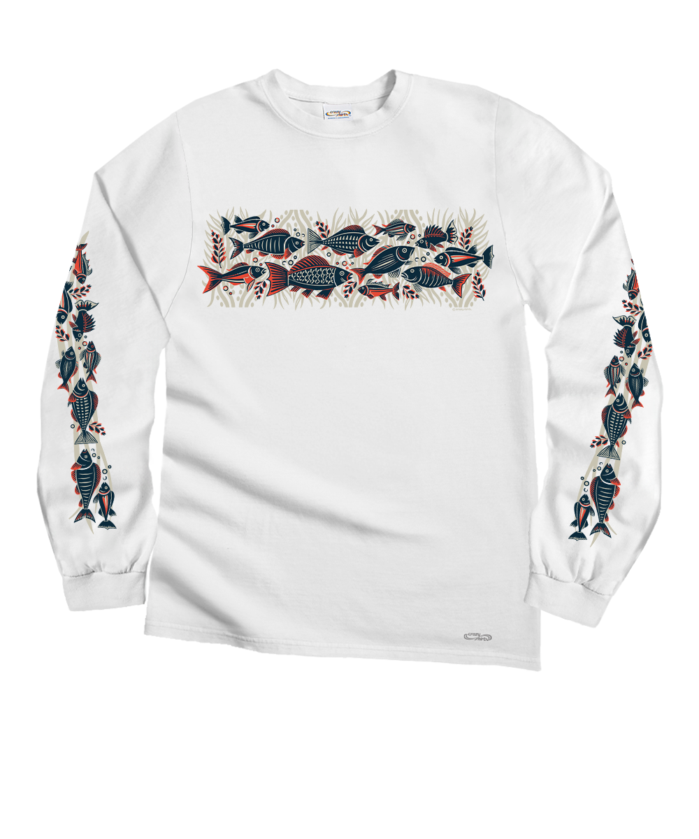 Woodcut Fish Band - White Long Sleeve Crewneck T-Shirt