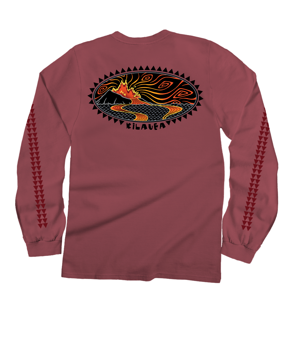 Woodcut Kilauea - Paradise Red Dyed Long Sleeve Crewneck T-Shirt