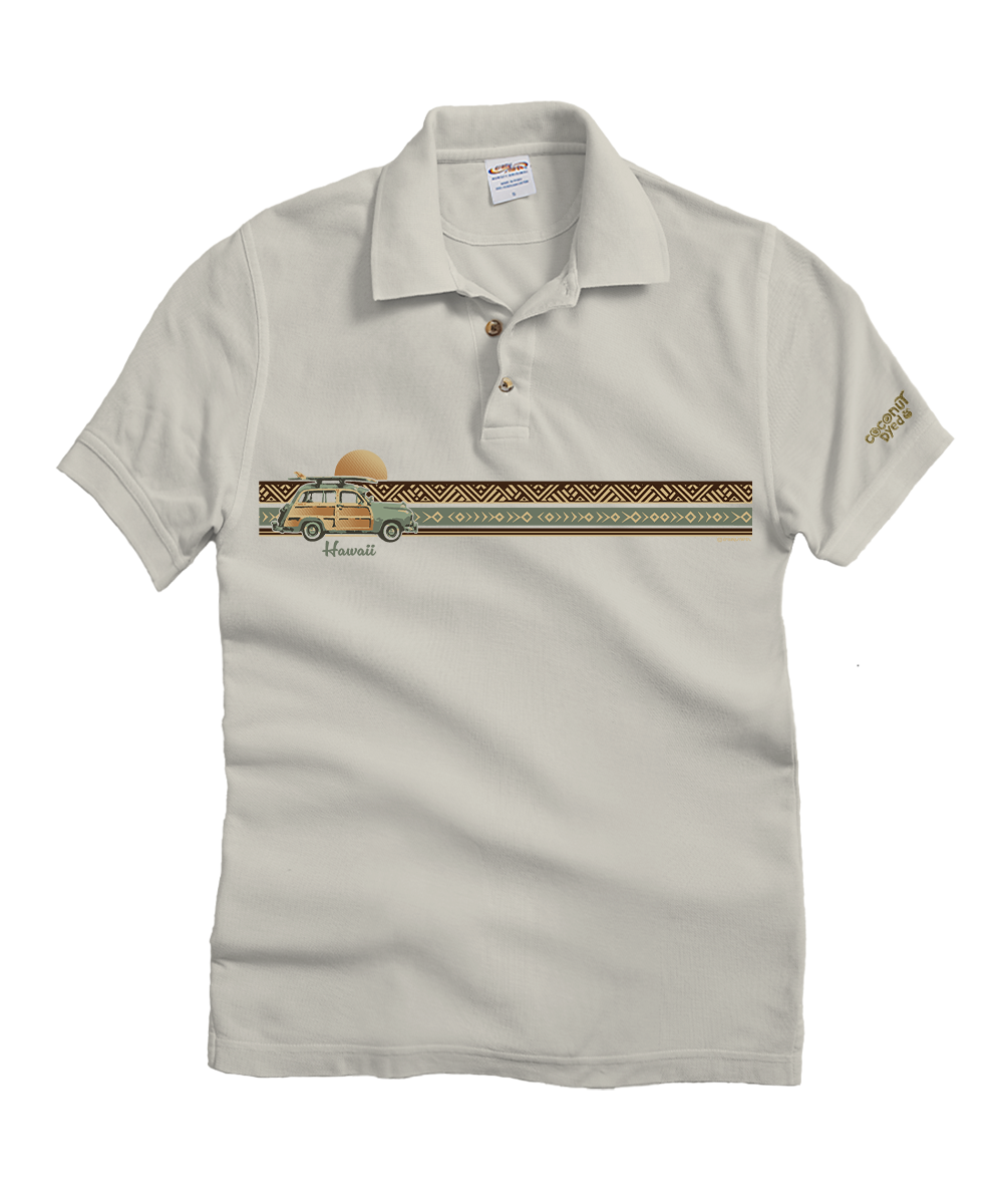 Woody Wagon Band - Coconut Dyed Short Sleeve Oceanfront Polo Shirt 1 Woody Wagon Band - Coconut Dyed Short Sleeve Oceanfront Polo Shirt