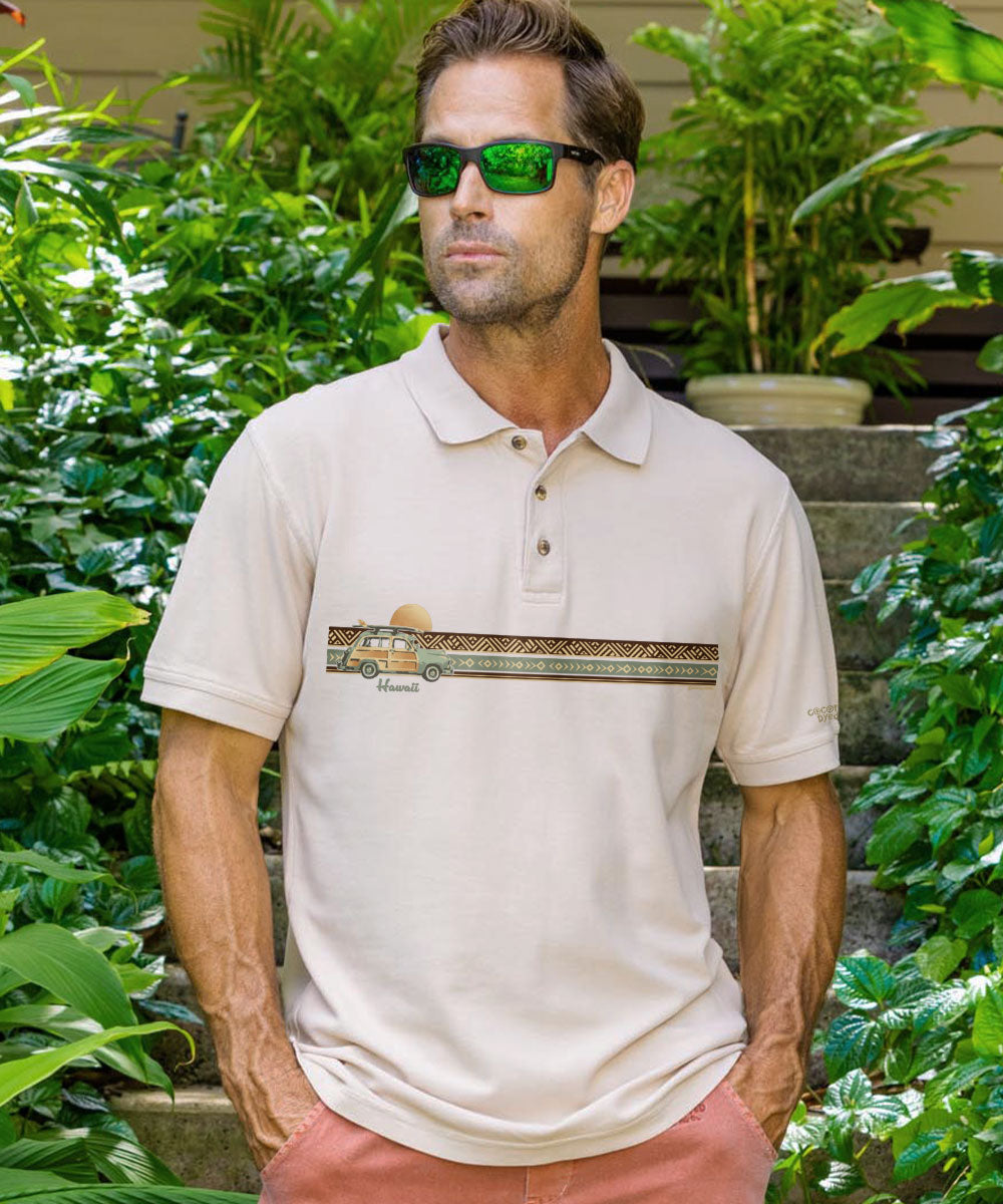 Woody Wagon Band - Coconut Dyed Short Sleeve Oceanfront Polo Shirt 2 Woody Wagon Band - Coconut Dyed Short Sleeve Oceanfront Polo Shirt